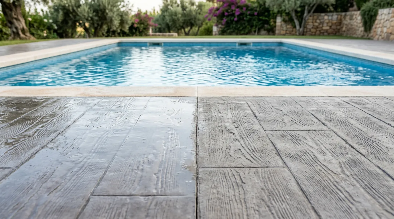 Comparación visual entre borde de piscina con hormigón impreso liso y otro con textura antideslizante