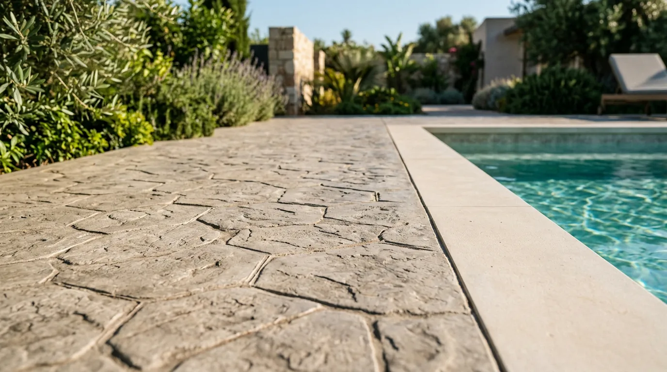 Detalle de la textura y acabado antideslizante en un pavimento de hormigón impreso junto a una piscina