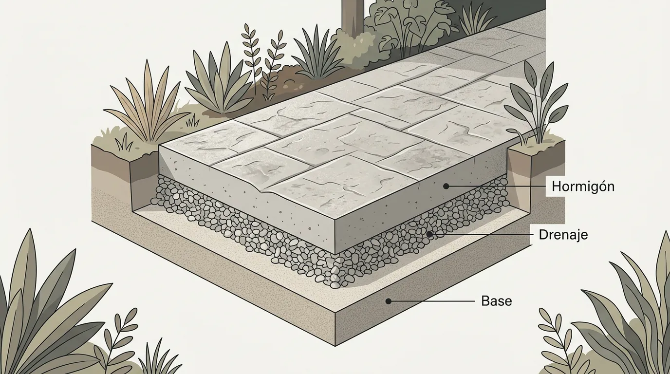 Esquema visual que muestra la preparación del terreno y el drenaje bajo el hormigón impreso