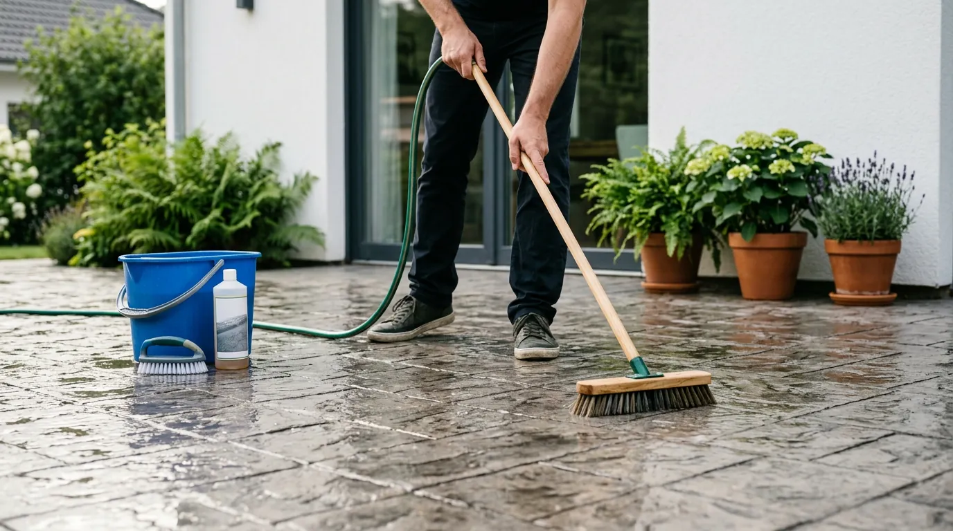 Persona limpiando un suelo de hormigón impreso en un patio exterior con agua y útiles de limpieza