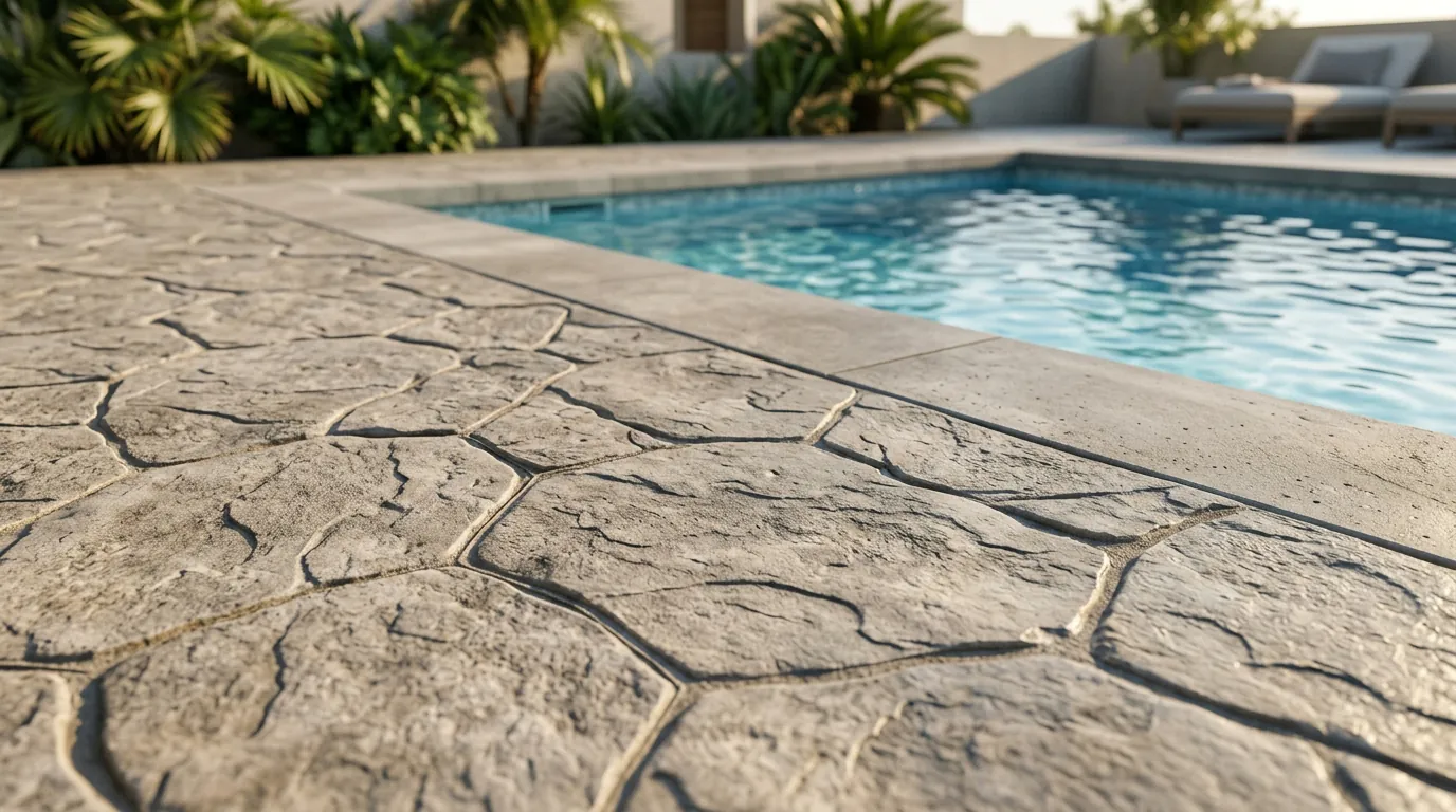 Primer plano de una textura de hormigón impreso rugosa antideslizante junto a una piscina.