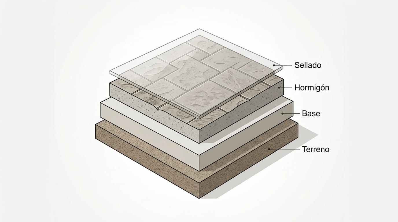 Sección transversal esquemática que muestra las capas de un pavimento de hormigón impreso: terreno compactado, capa base, hormigón fresco y sellado.