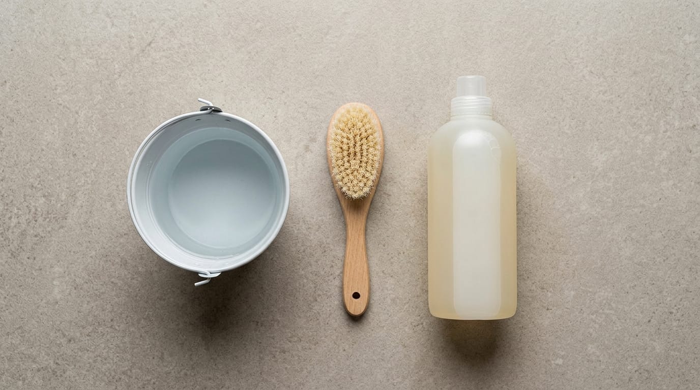 Kit básico de materiales de limpieza para suelos de hormigón impreso: agua, detergente neutro y cepillo.